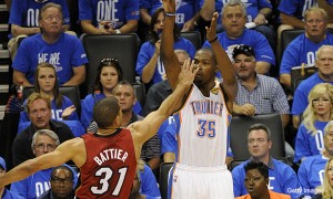 Shane Battier of the Heat defends Kevin Durant of the Thunder