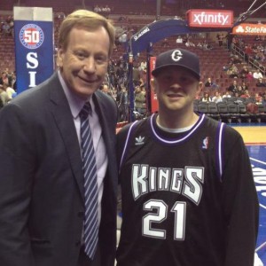 The author (right) with Kings play-by-play man Grant Napear in Philadelphia. He thought it was the last time he'd be able to see his team in person. 
